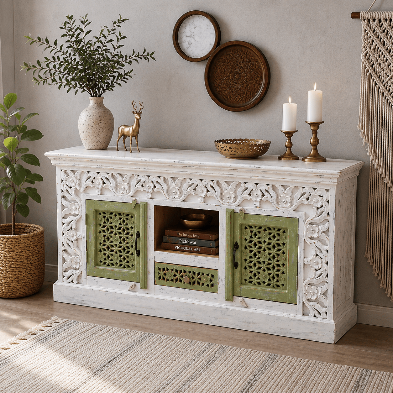 The Haveli Hand-Carved TV Unit UAE | Rustic Wooden Console Dubai