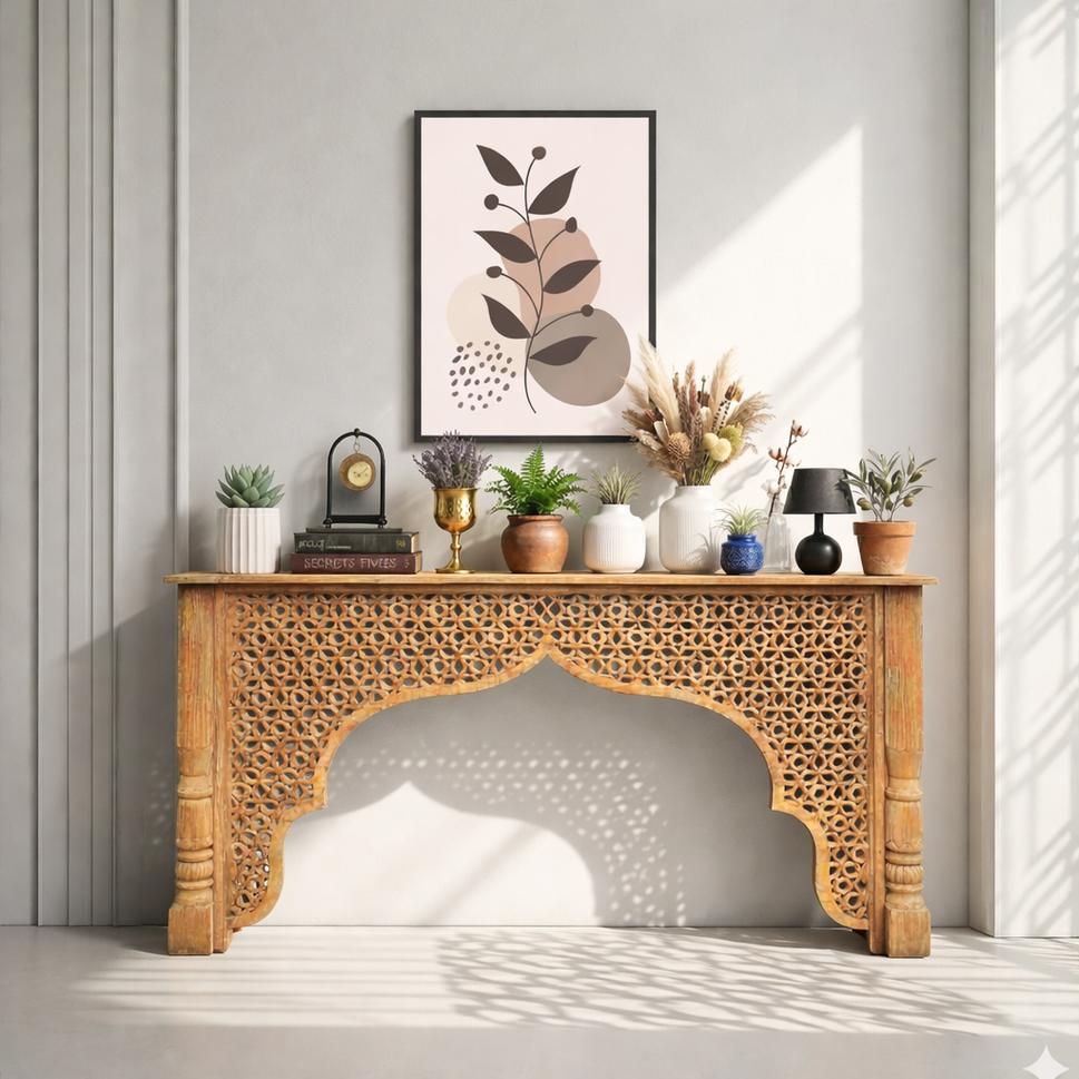 Islamic Arch Wooden Console Table – Elegant Handcrafted Furniture in UAE
