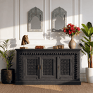 Switch Solid wood black antique finish credenza Dubai,side cabinet with 3 drawers Abu Dhabi,hand made buffet table oe dining room Sharjah,Black antique finish side console buffet for storage Ajman, 1 image