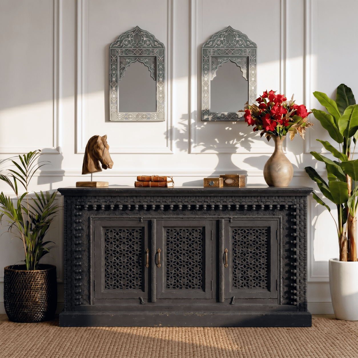 Vintage Style White Wooden Credenza with Lattice Panels