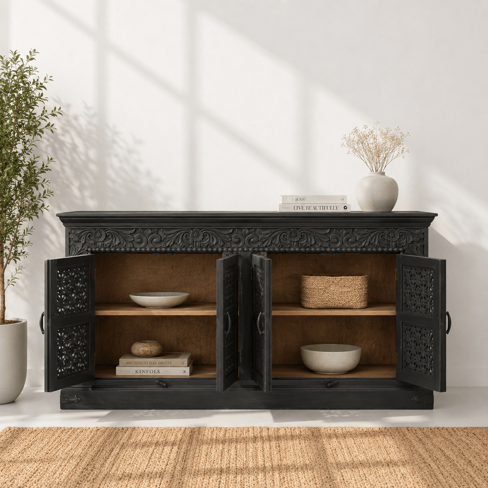 Noir Haveli Mango Wood side buffet Cabinet with Hand Carving