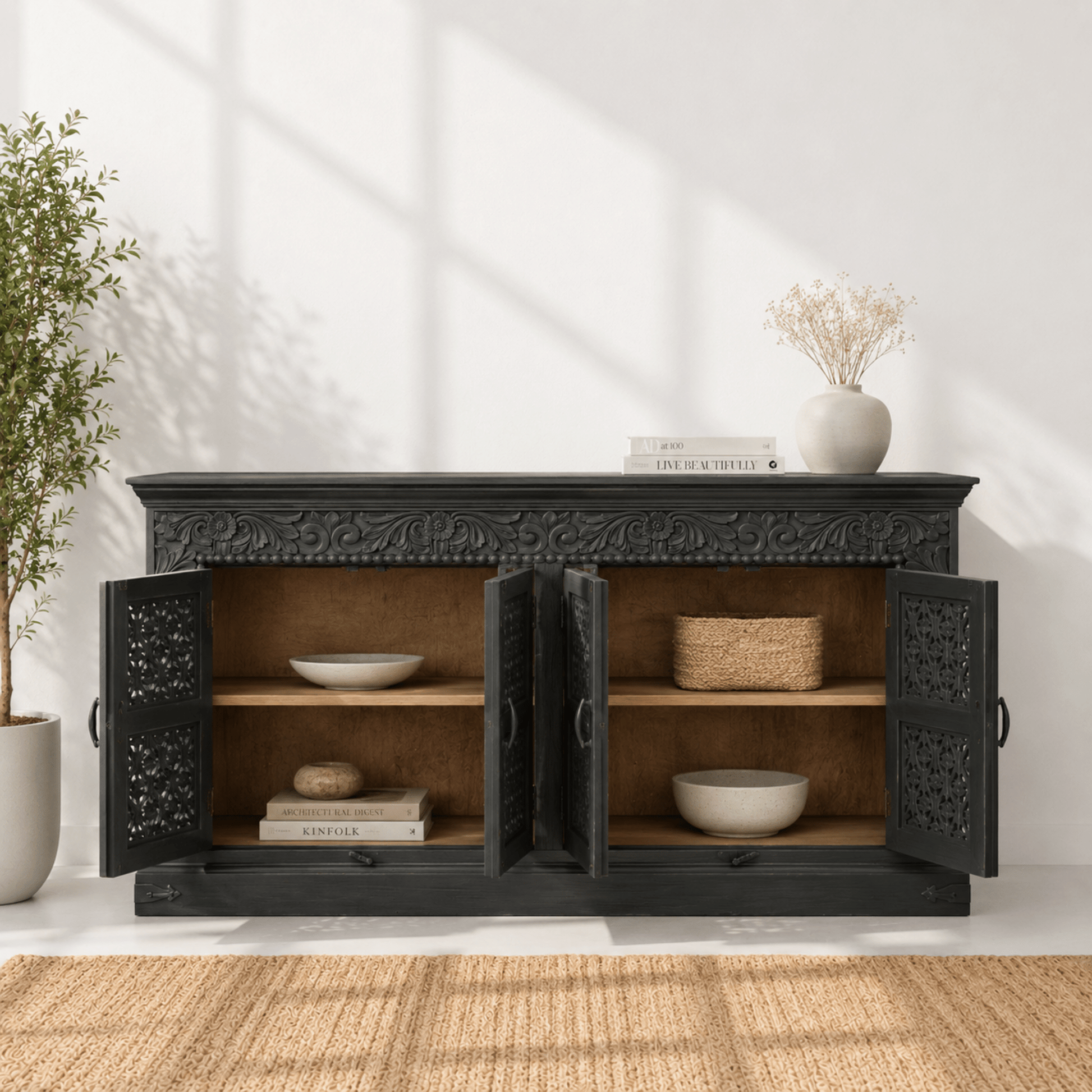 Vintage hand carved haveli solid wood black antique buffet cabinet