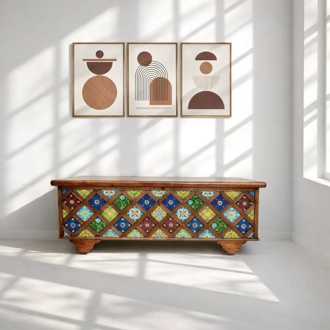 Wooden trunk with storage box with tiles work