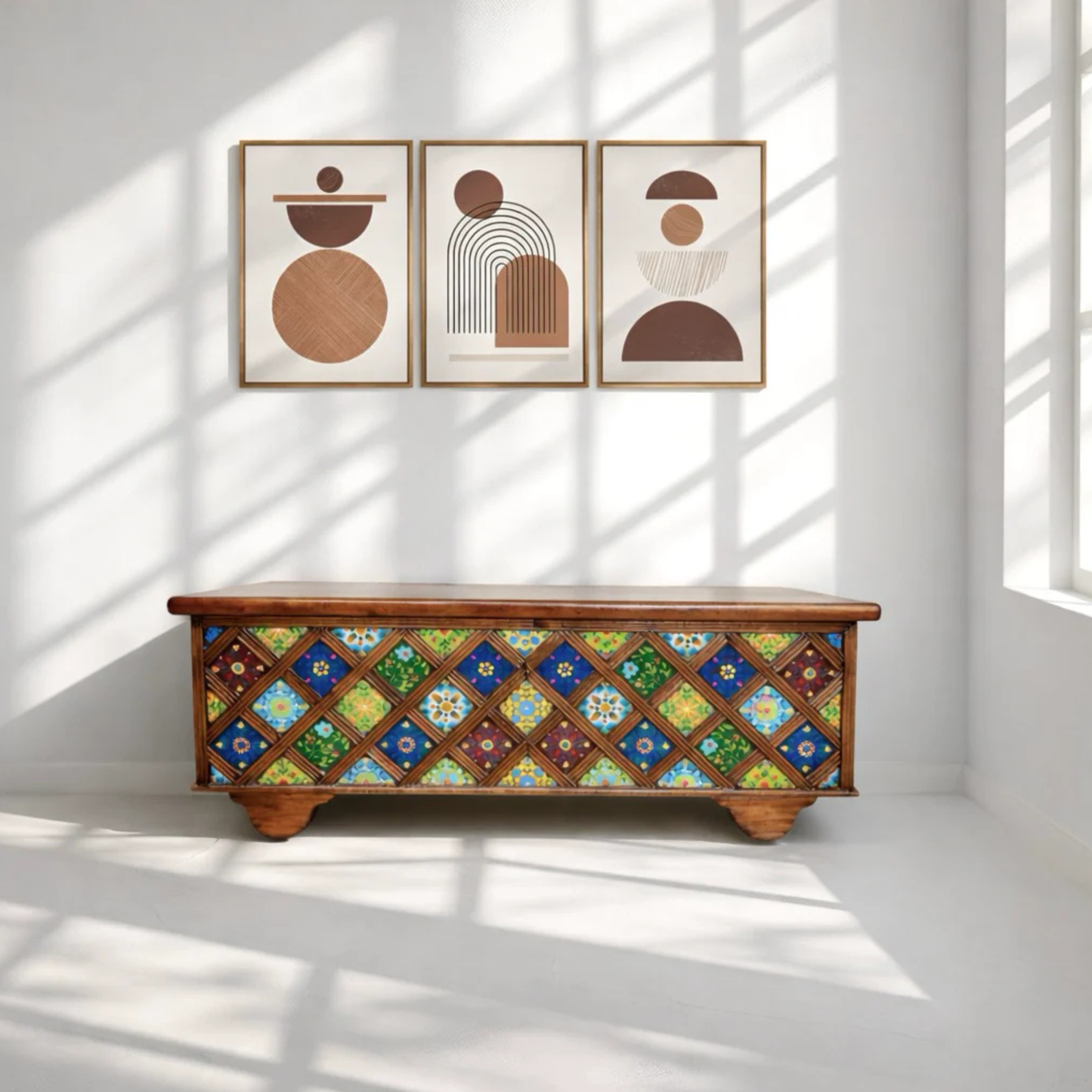 Wooden trunk with storage box with tiles work