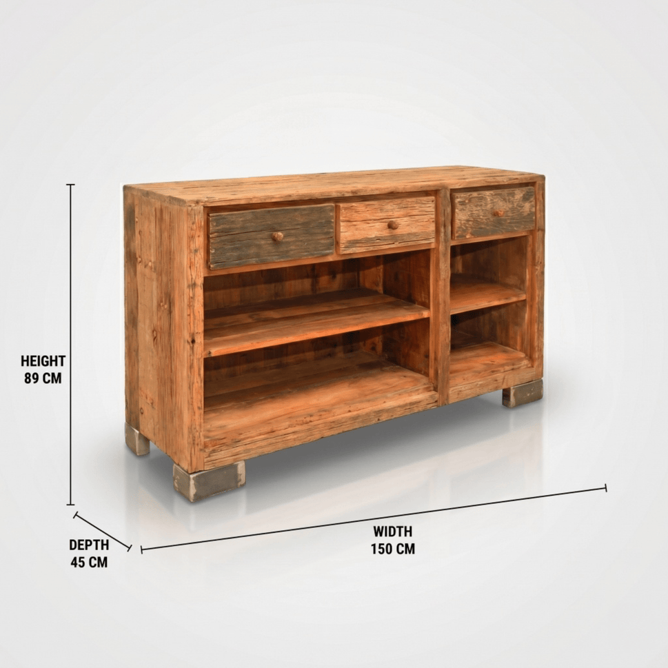 The Verona Reclaimed Wood Vintage Industrial console with open storage unit