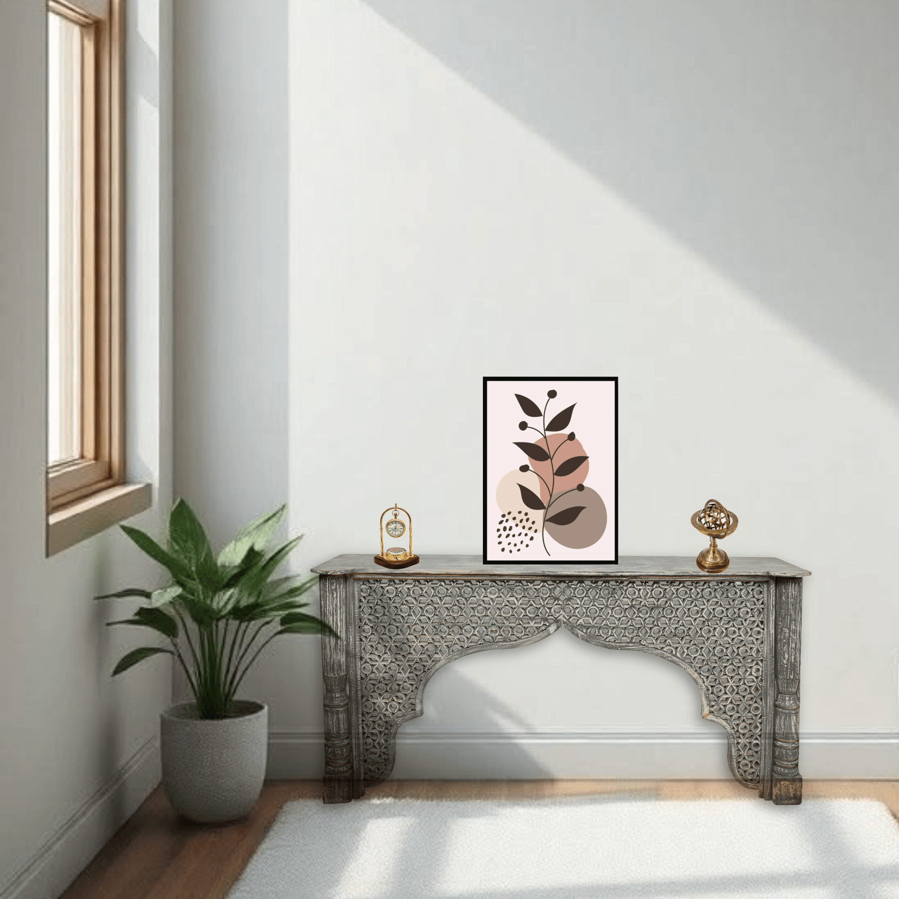 Rustic Carved Wooden Console Table with Moorish Arch Design