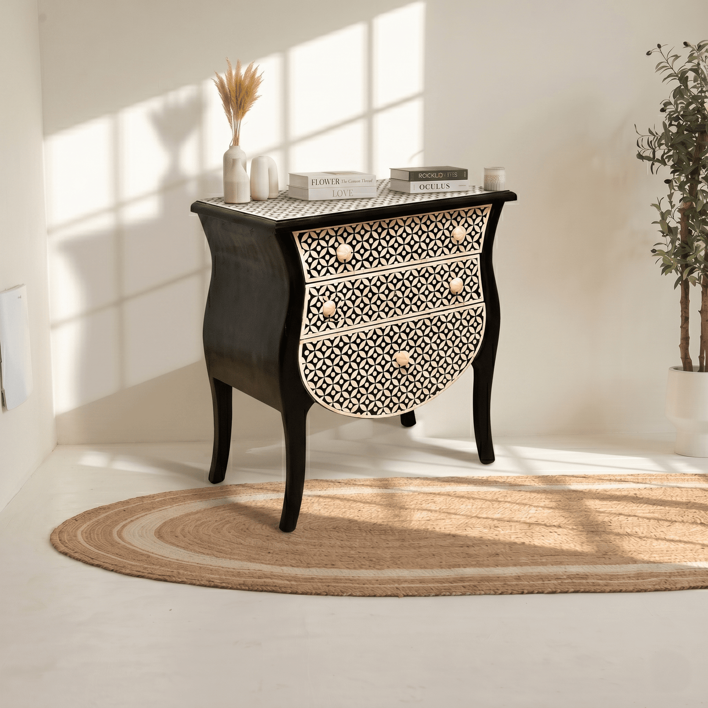 Premium pearl inlay nightstand Dubai, Noir Bloom furniture Abu Dhabi, Bespoke mother of pearl Oman, Bone inlay bedside table,Black & white mother of pearl side table UAE,