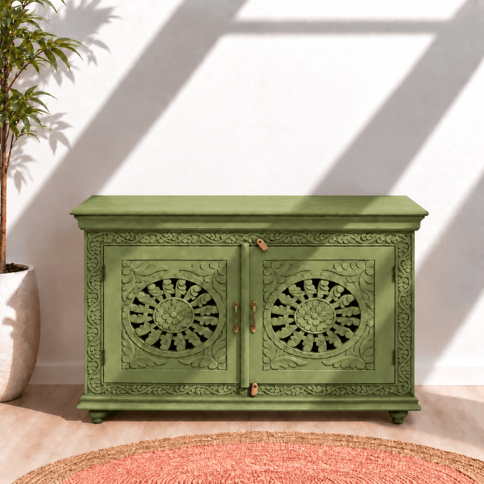 Unique Hand-Carved Mango Wood Sideboard for Villas and Homes
