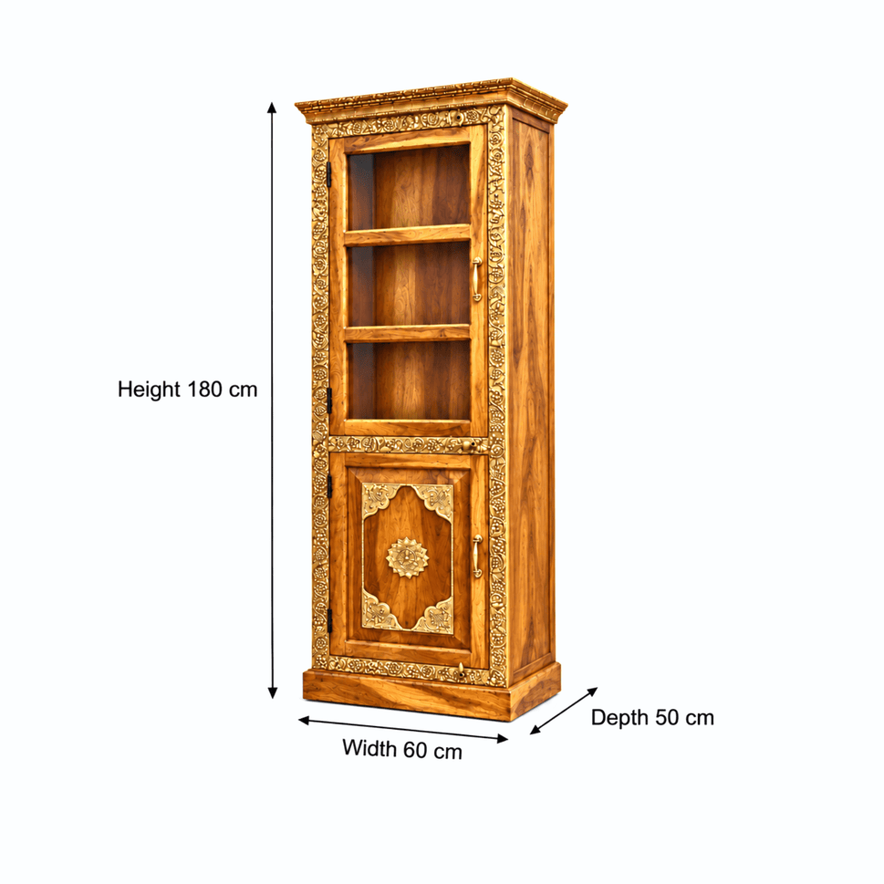 Handcrafted Teak wood Cabinet With Glass Brass