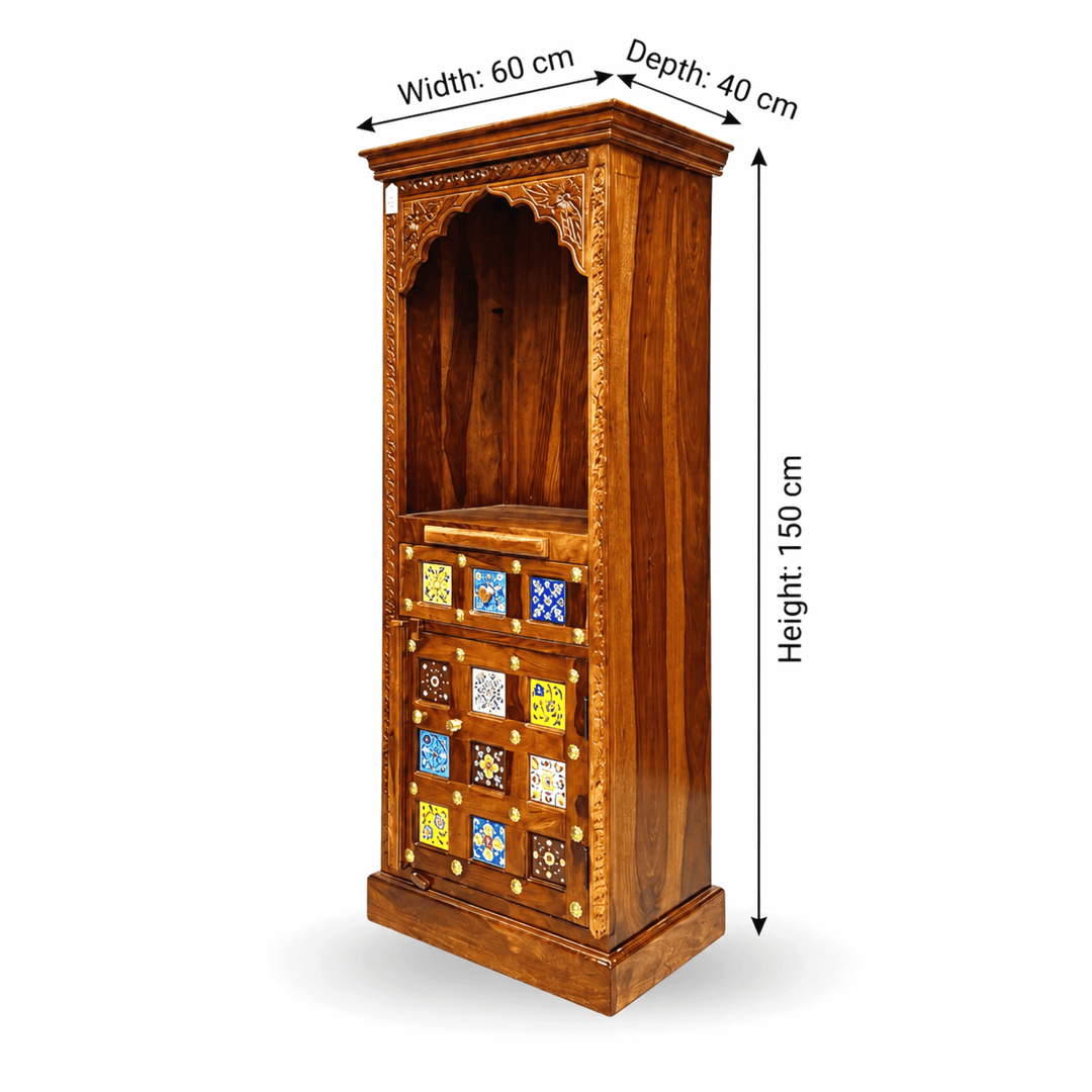 Narrow Solid Rosewood Pooja Mandir with Tile Work and Storage Cupboard