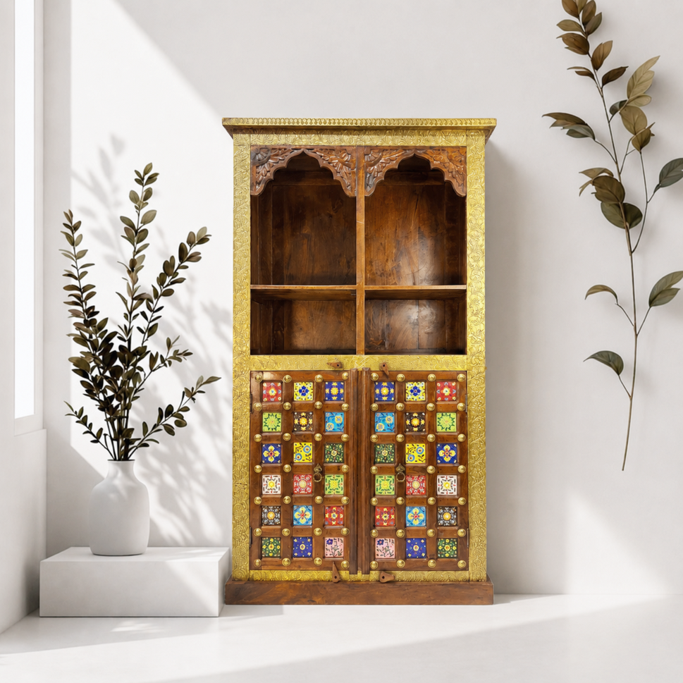 Solid wood ceramics tile fitted bookshelf with natural wood finish