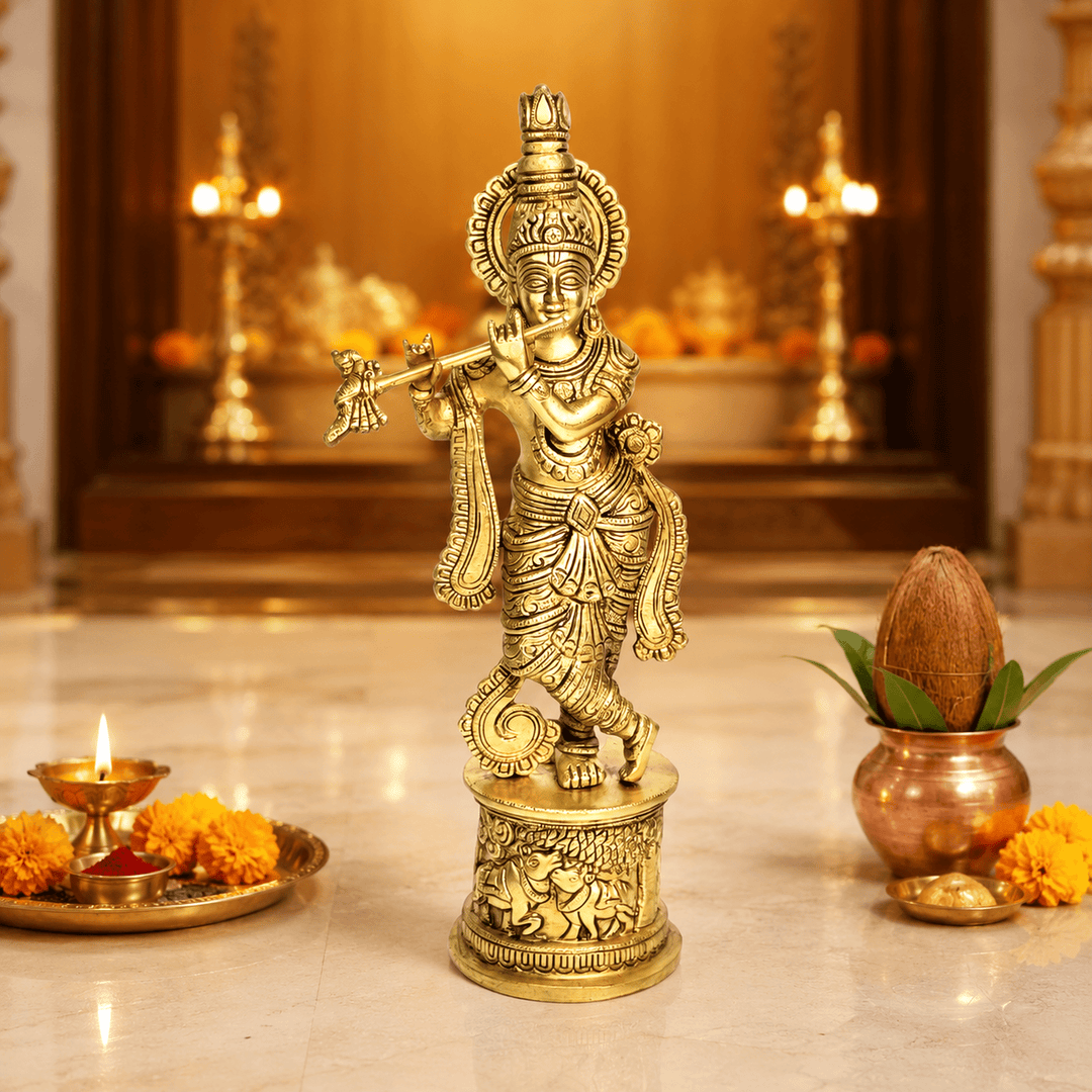 Divine Brass Krishna Flute Statue – Intricate Handmade Carving