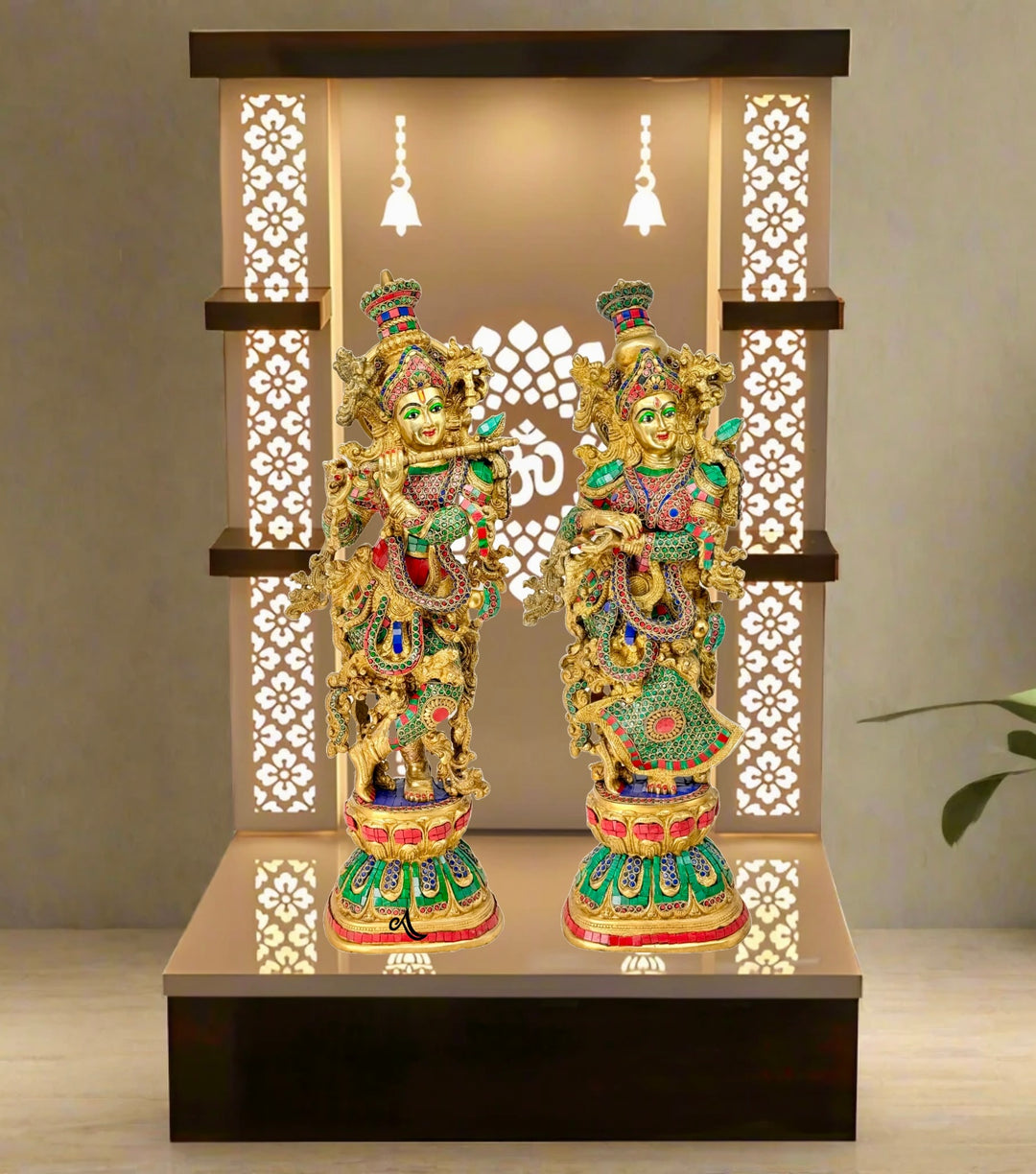 Handicrafted large Radha Krishna idol pair with brass antique finish