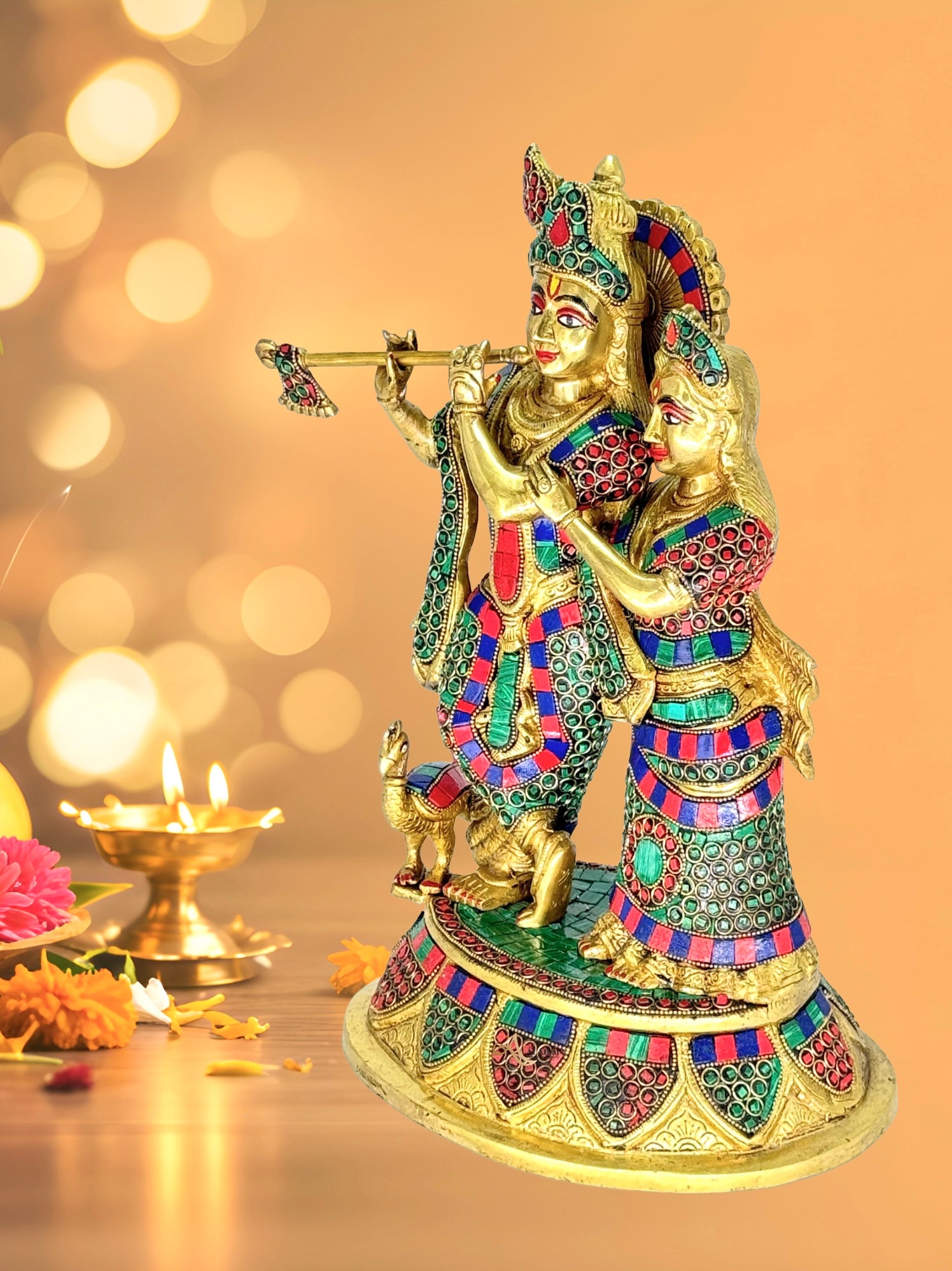 Brass Radha Krishna idol pair with stone work