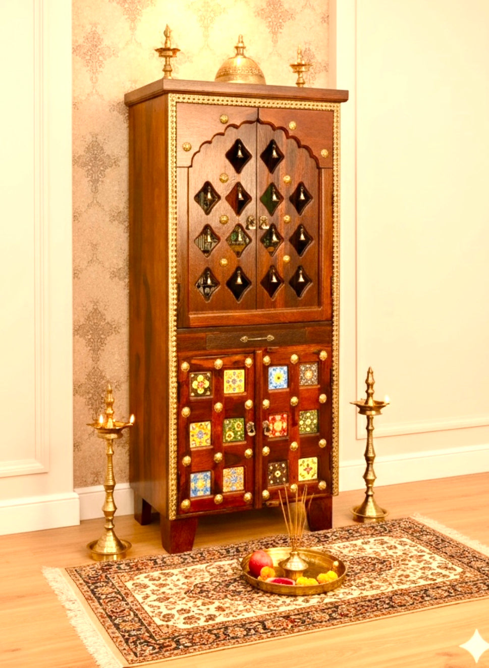 Sheesham wood home temple with natural wood finish