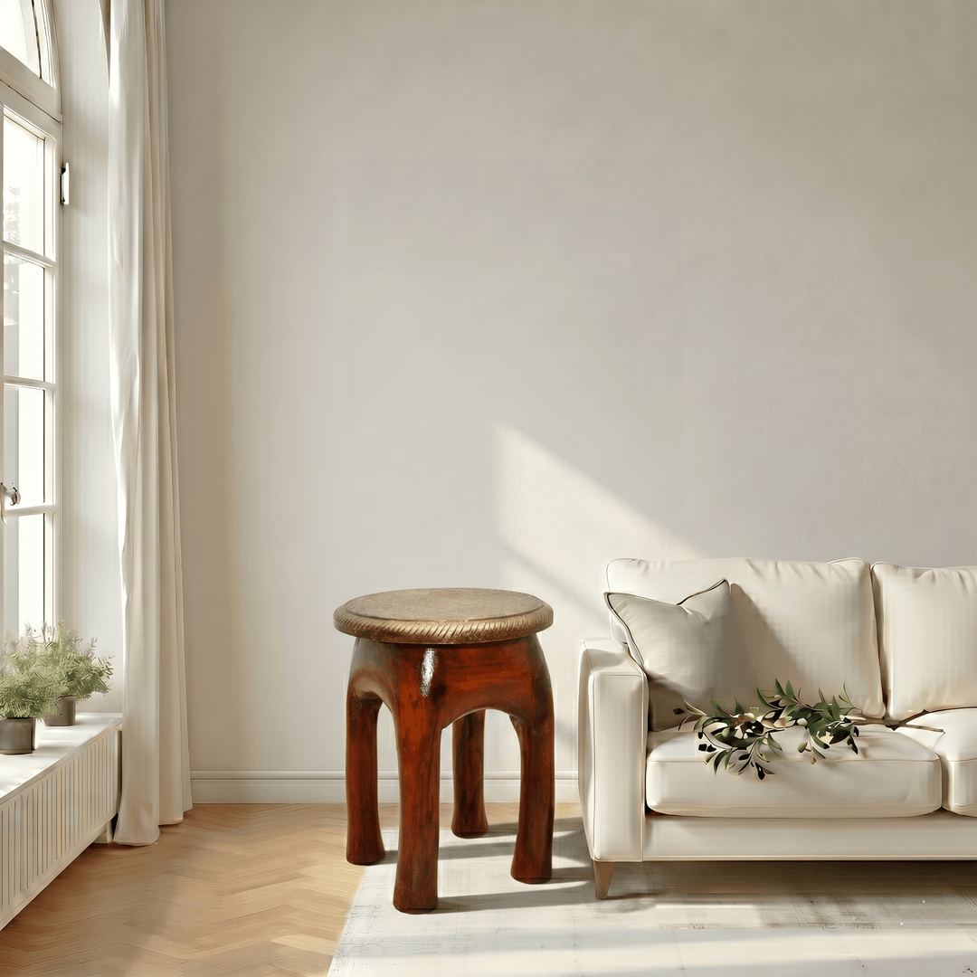 Handcrafted Brass Fitted Wooden Stool with Wood Color Finish | Dubai UAE