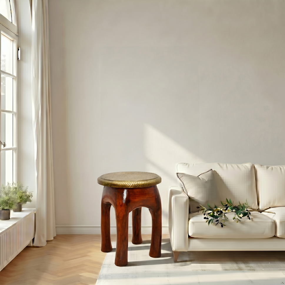 Handcrafted Brass Fitted Wooden Stool with Wood Color Finish | Dubai UAE