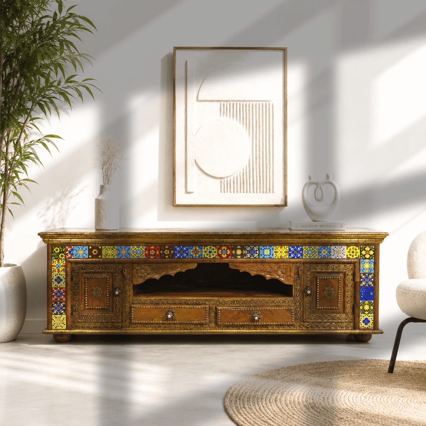 premium interior crafted furniture, living room antique storage cabinet, artisan crafted furniture, luxury hardwood furniture, timeless wooden furniture brass fitted,