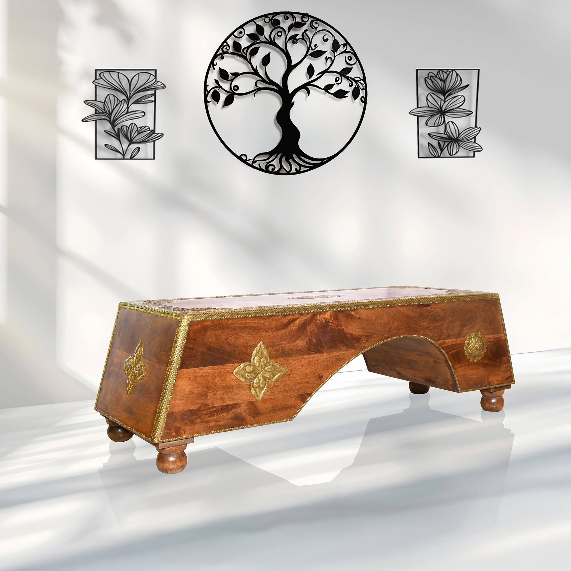Sheesham wood bench with brass work
