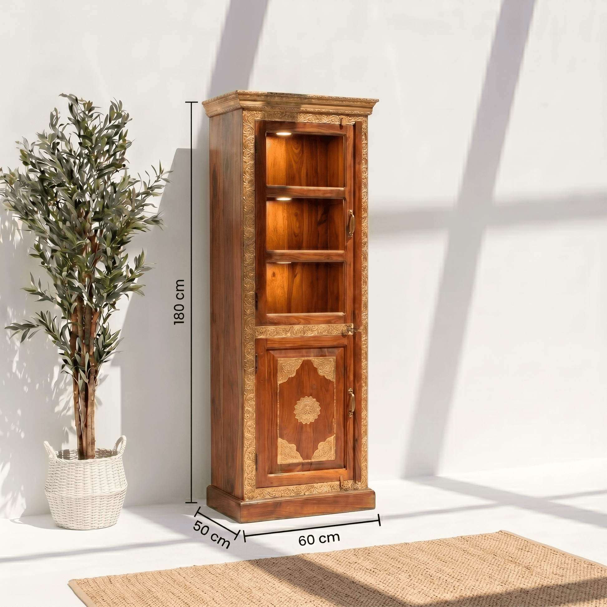 Handcrafted Wooden & Glass Brass Cabinet