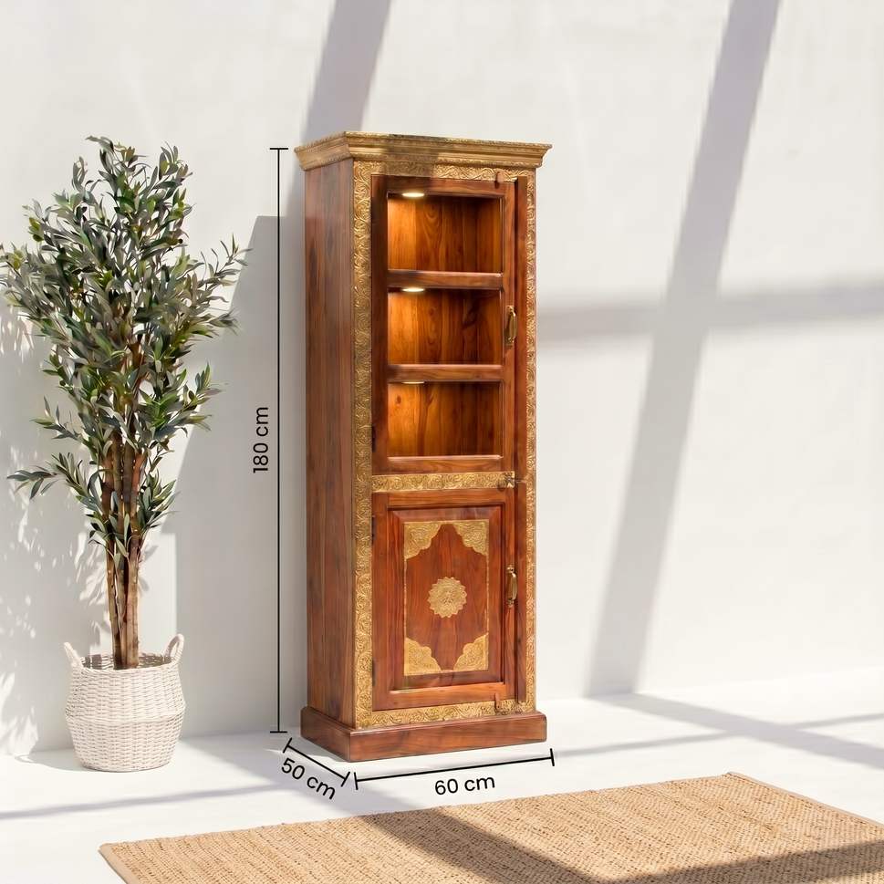 Handcrafted Wooden & Glass Brass Cabinet