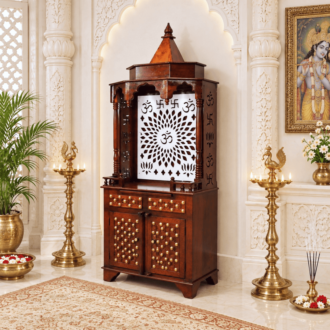 Premium Mango Wood Brass Ornament Work Temple