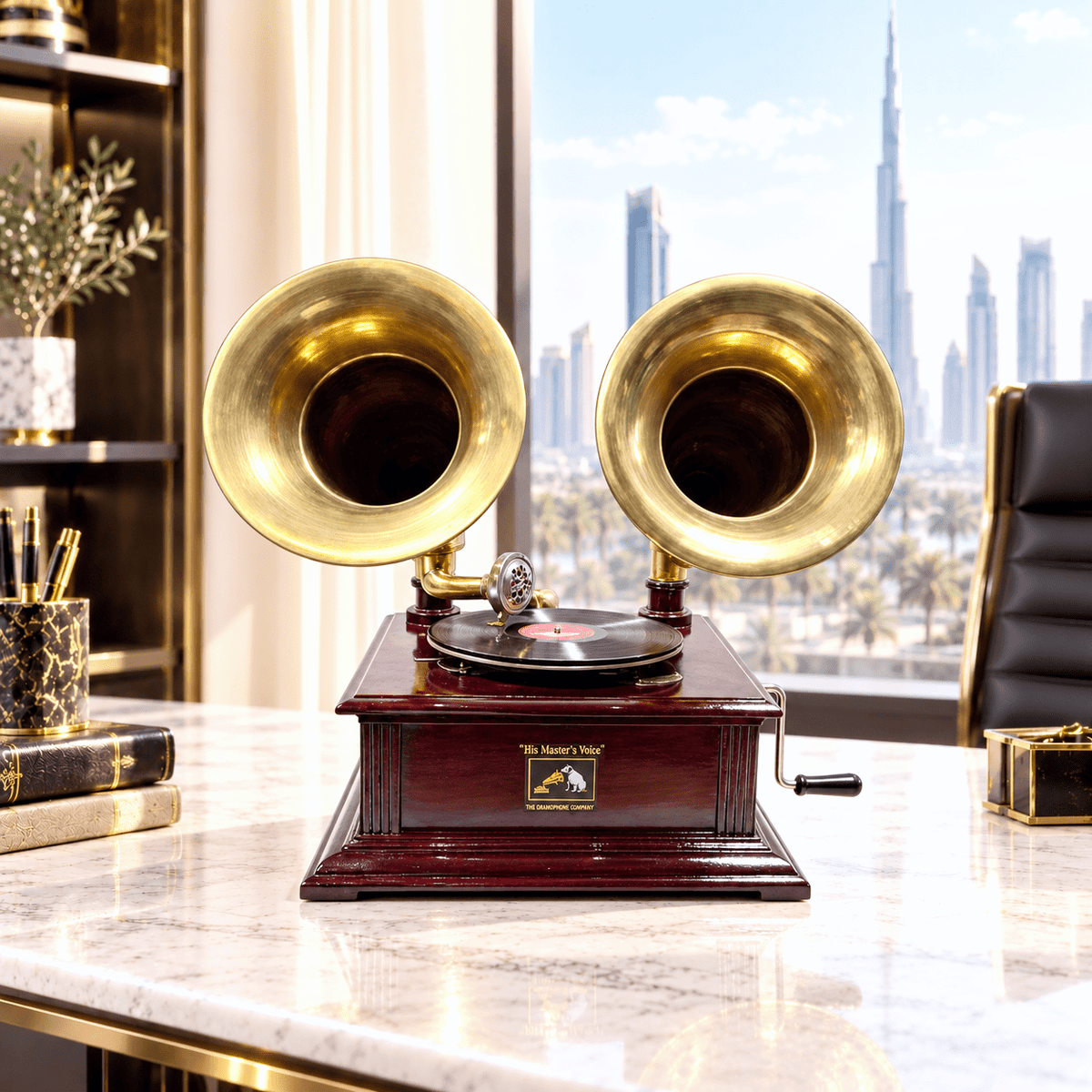 Old Gramophone, Vintage Gramophone Dubai, Brass Horn Gramophone, Dual Speaker Gramophone.classic manual record player, classic analog music player, 