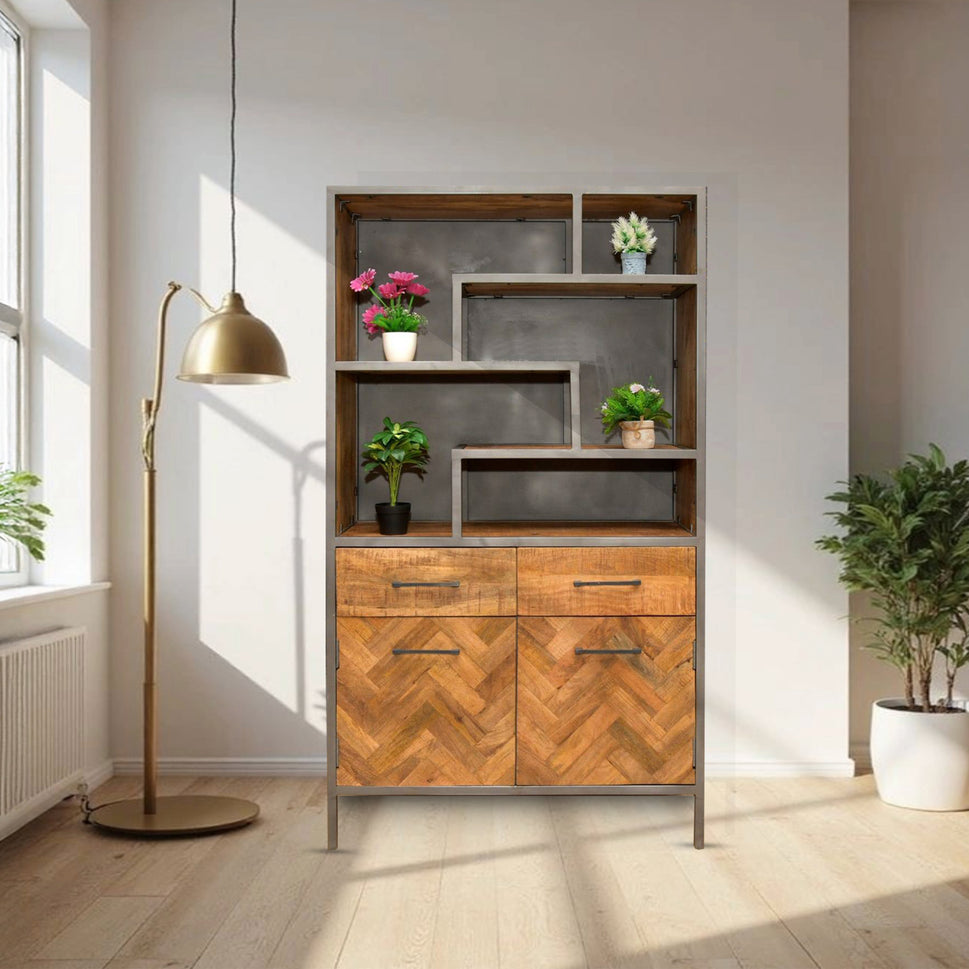 Wooden & metal display shelf with 2 drawer with 2 doors cabinet