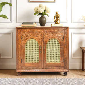 purewood cane work sideboard with hand carving work