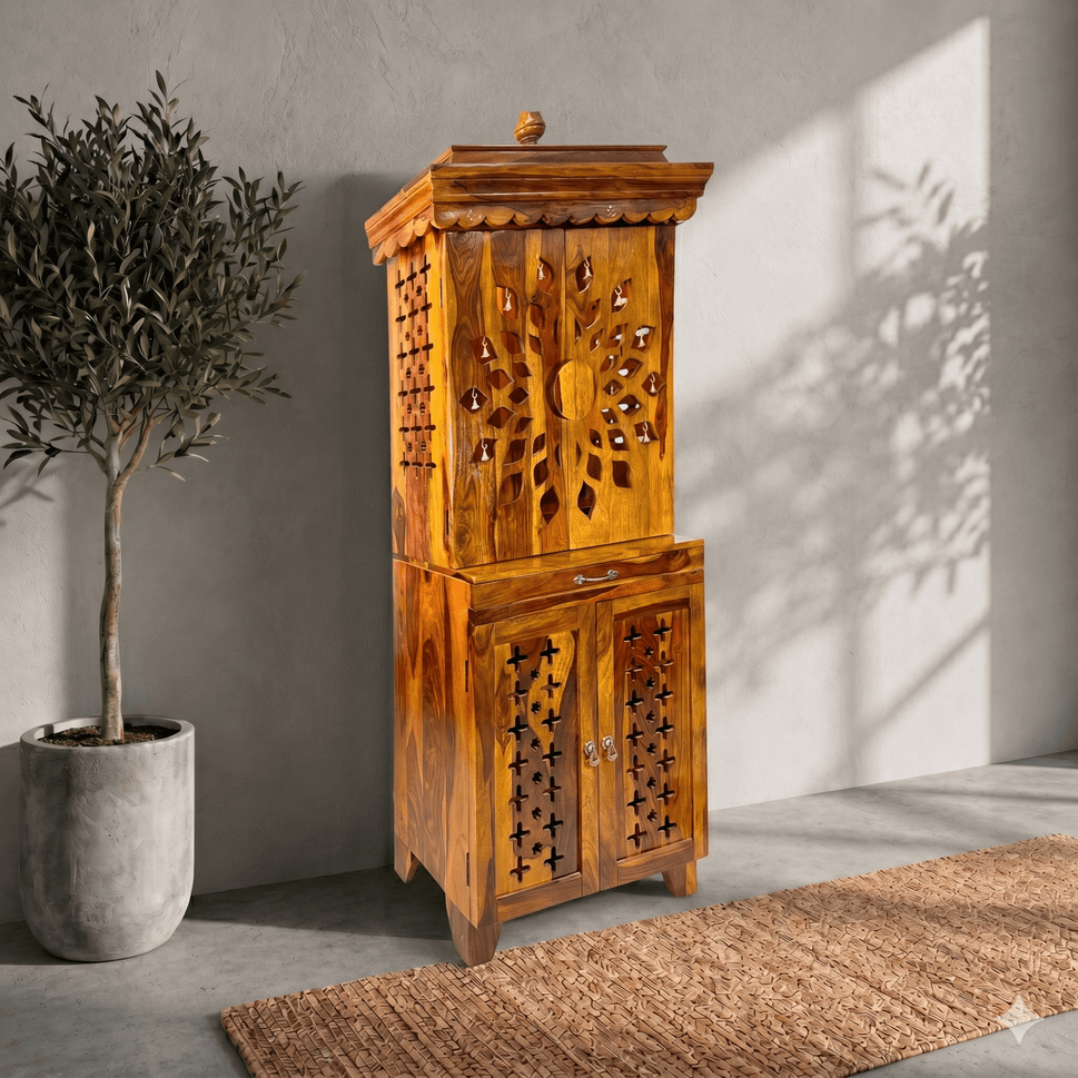 Solid wood Home Mandir with shelve with door