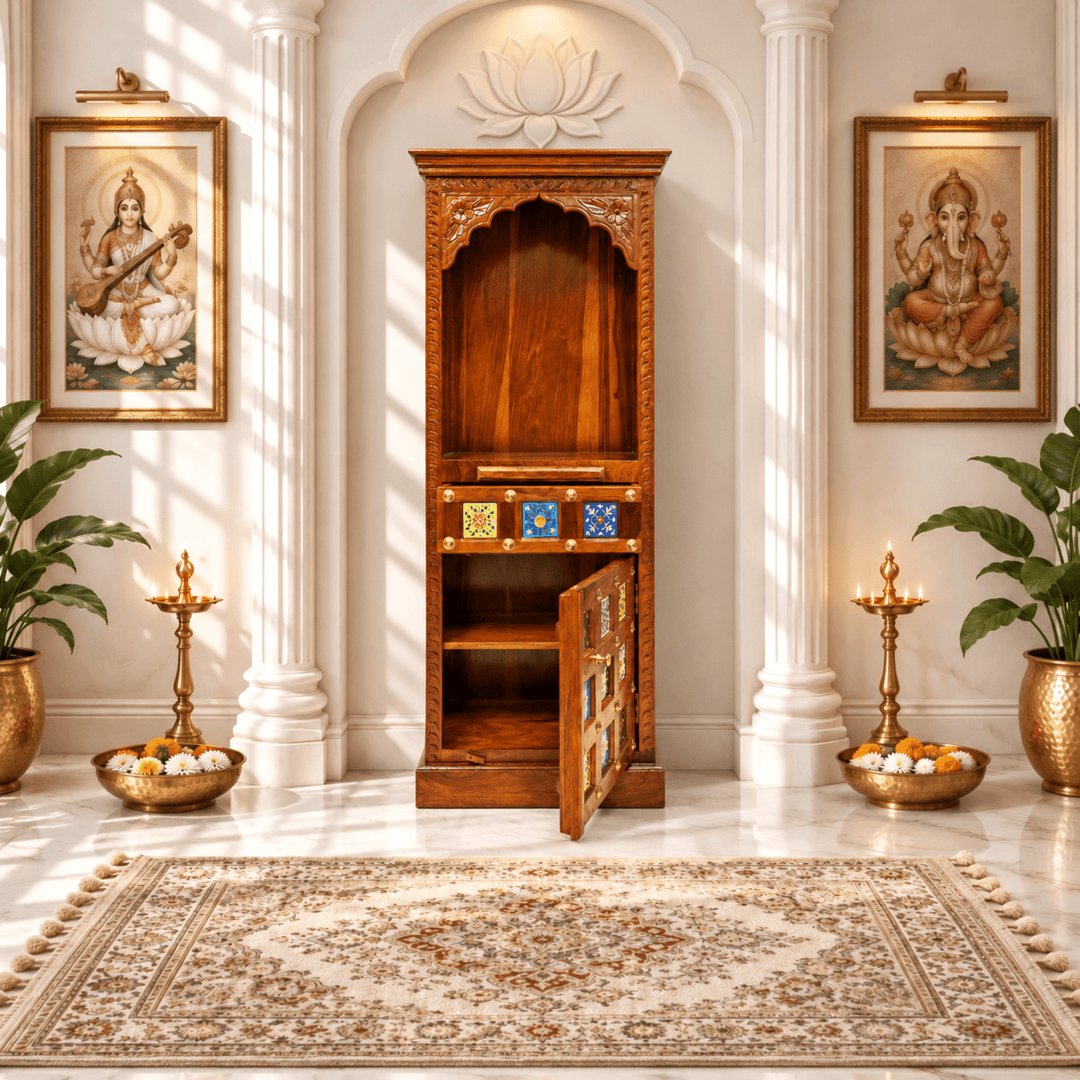 Narrow Solid Rosewood Pooja Mandir with Tile Work and Storage Cupboard