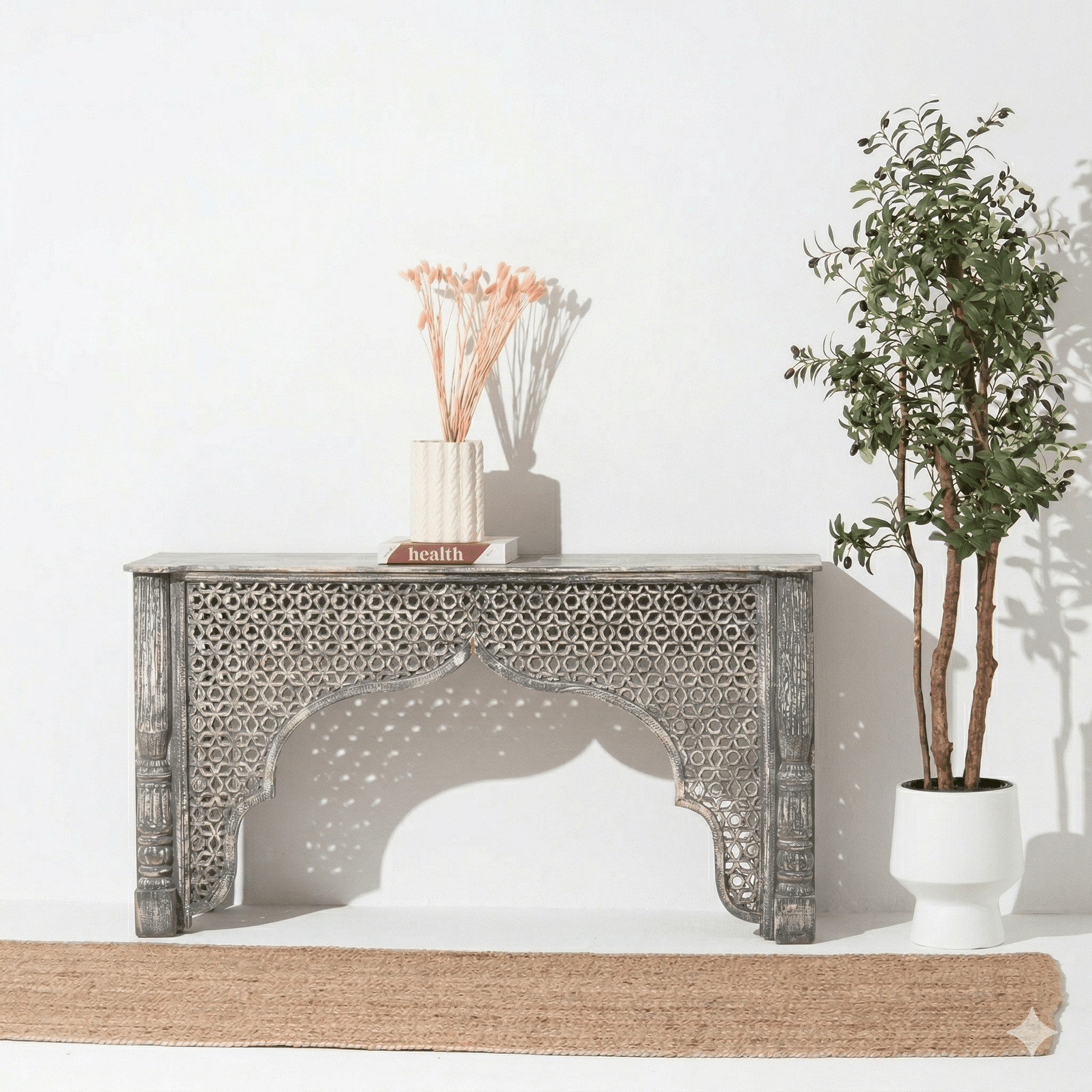 Rustic Carved Wooden Console Table with Moorish Arch Design