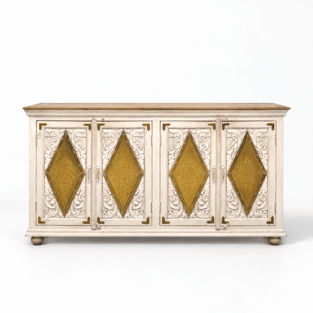 Aurelia Haveli Hand-Carved Solid Mango Wood Sideboard with Brass Inlay