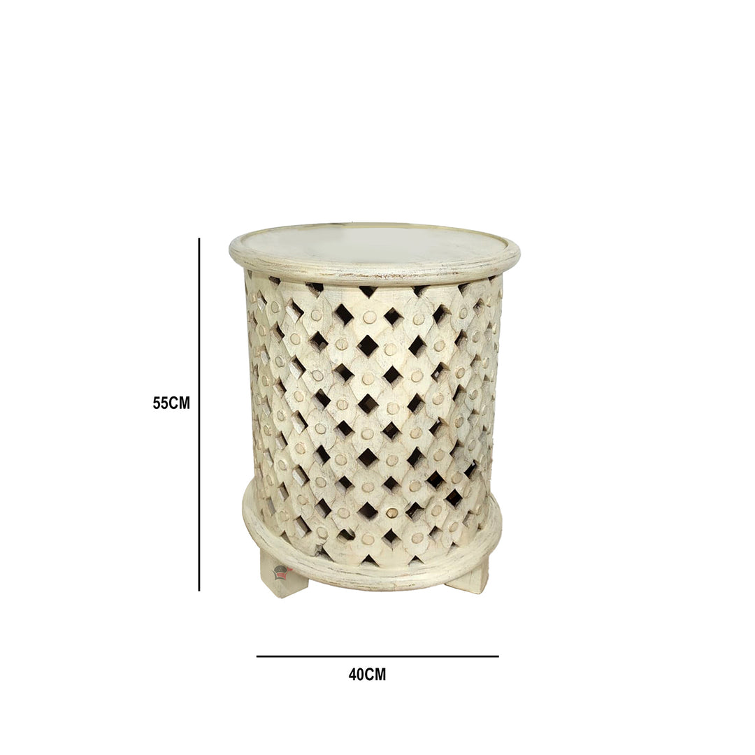 Carved Side Table White Finish – Handcrafted Accent Table