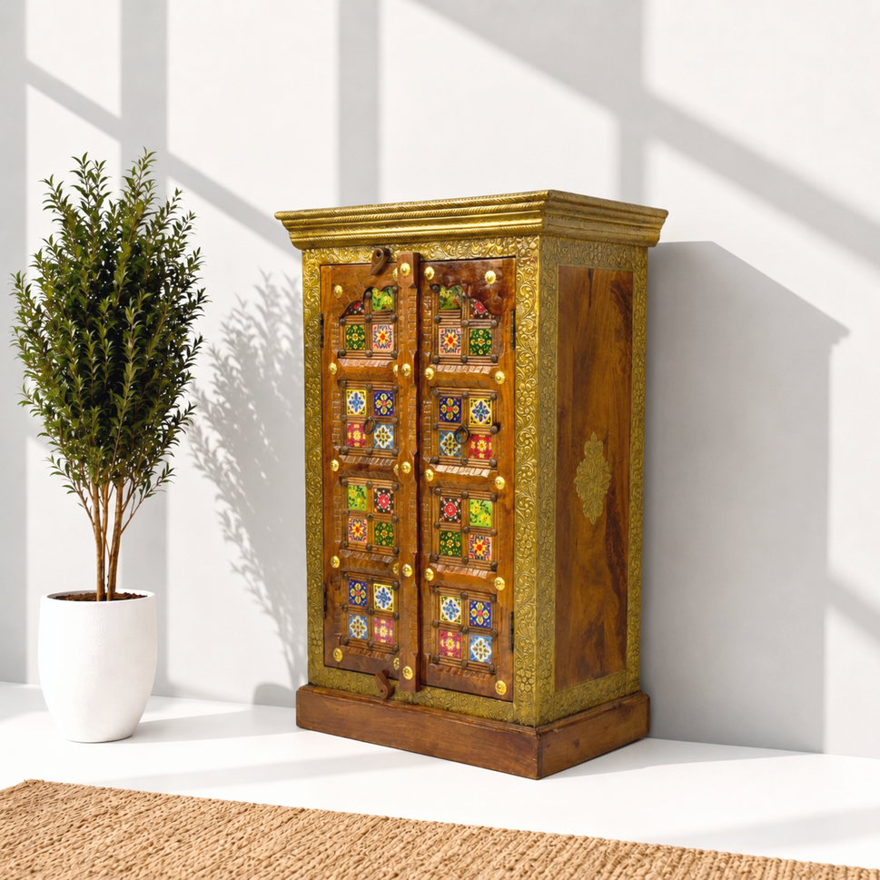 Rosewood Cabinet with Doors & Brass Fitted Storage