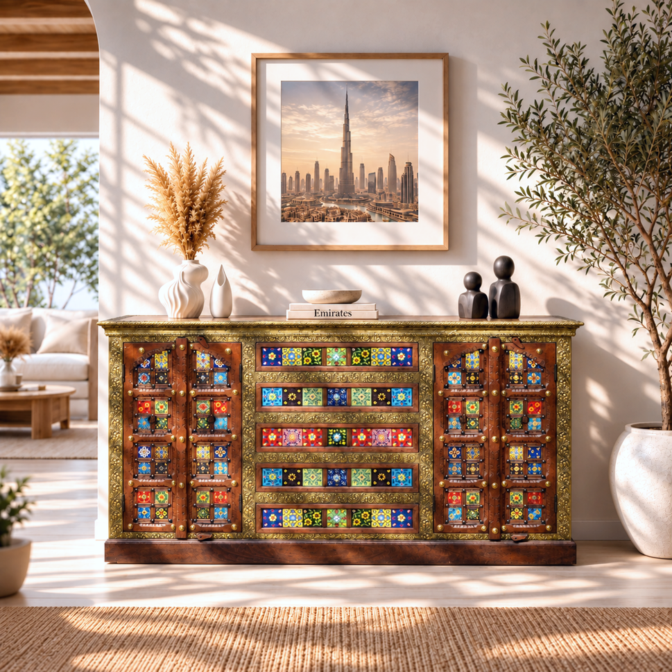 Elaurelia solid wood credenza handmade brass inlay with four doors and five drawers