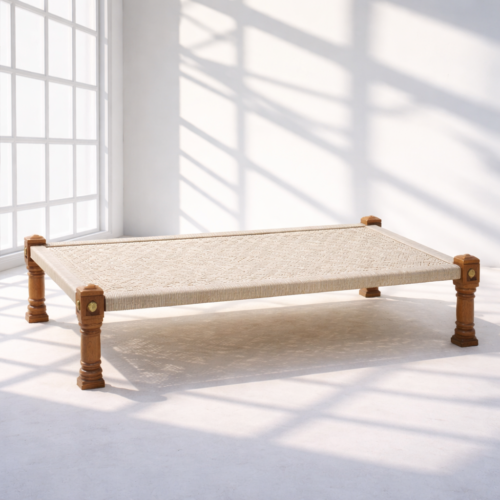 سرير خشبي منسوج من القطن الأبيض بإطار خشبي