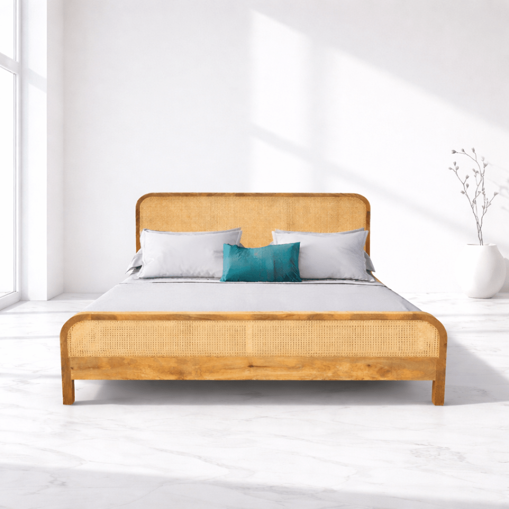Premium handicrafted solid wood bed with bed side with rattan work