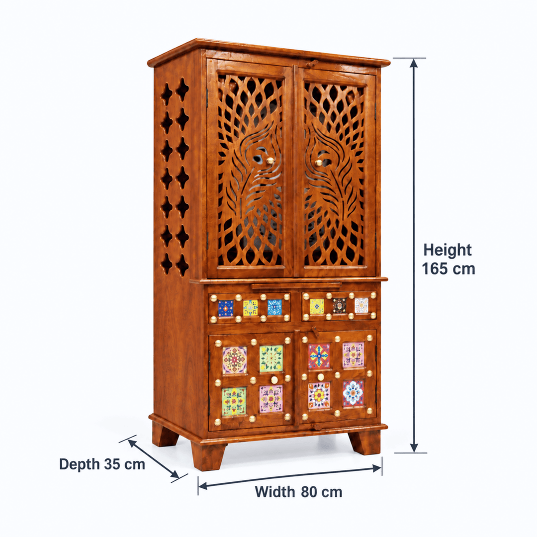 Handcrafted Mango Wood Home Temple with Carved Peacock Doors