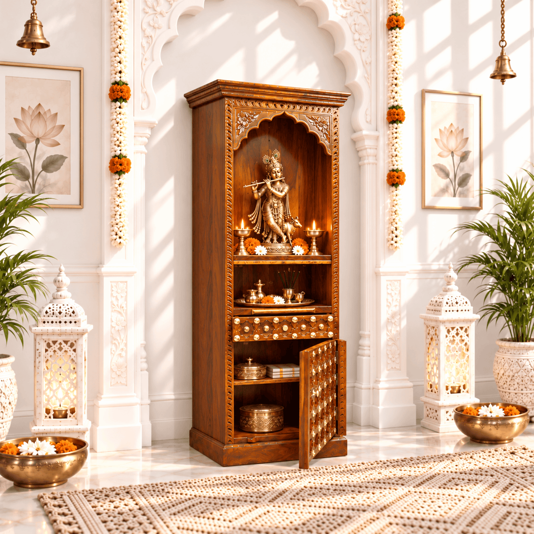 Tower-Style Rosewood Home Mandir with Storage Shelves