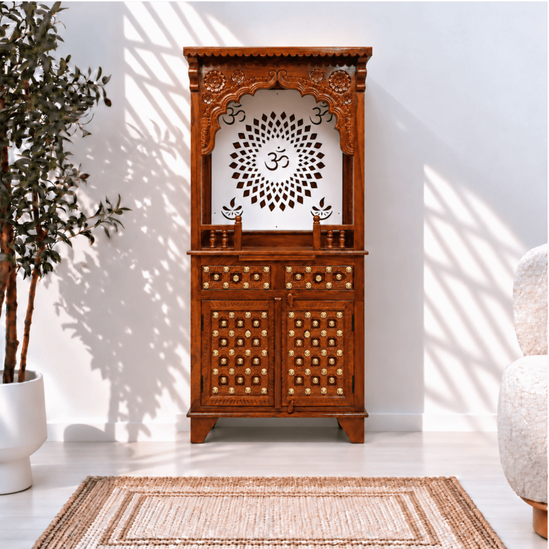South Indian Classic Mango Wood Home Mandir with Brass Inlay Work