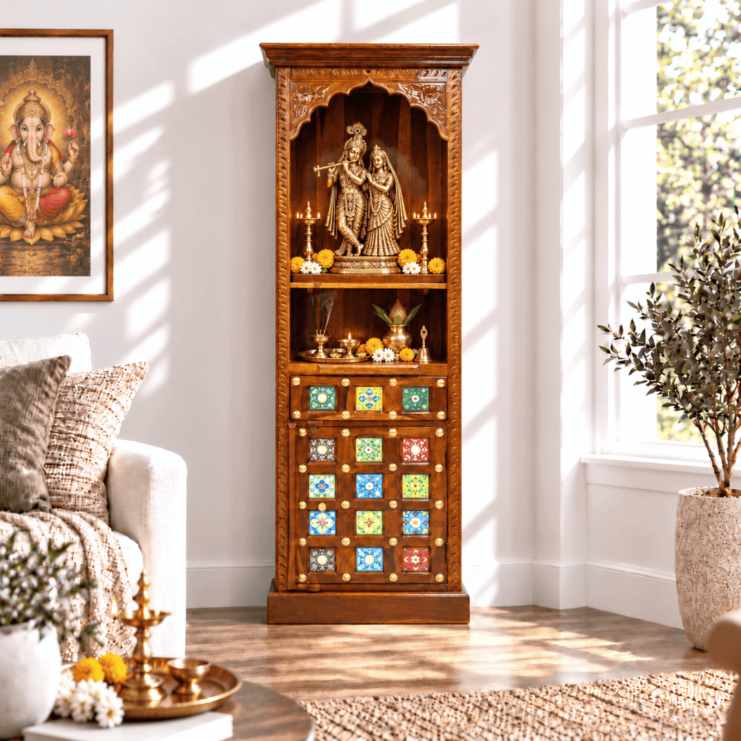 Compact-Width Sheesham Wood Pooja Mandir with Brass-Fitted Door