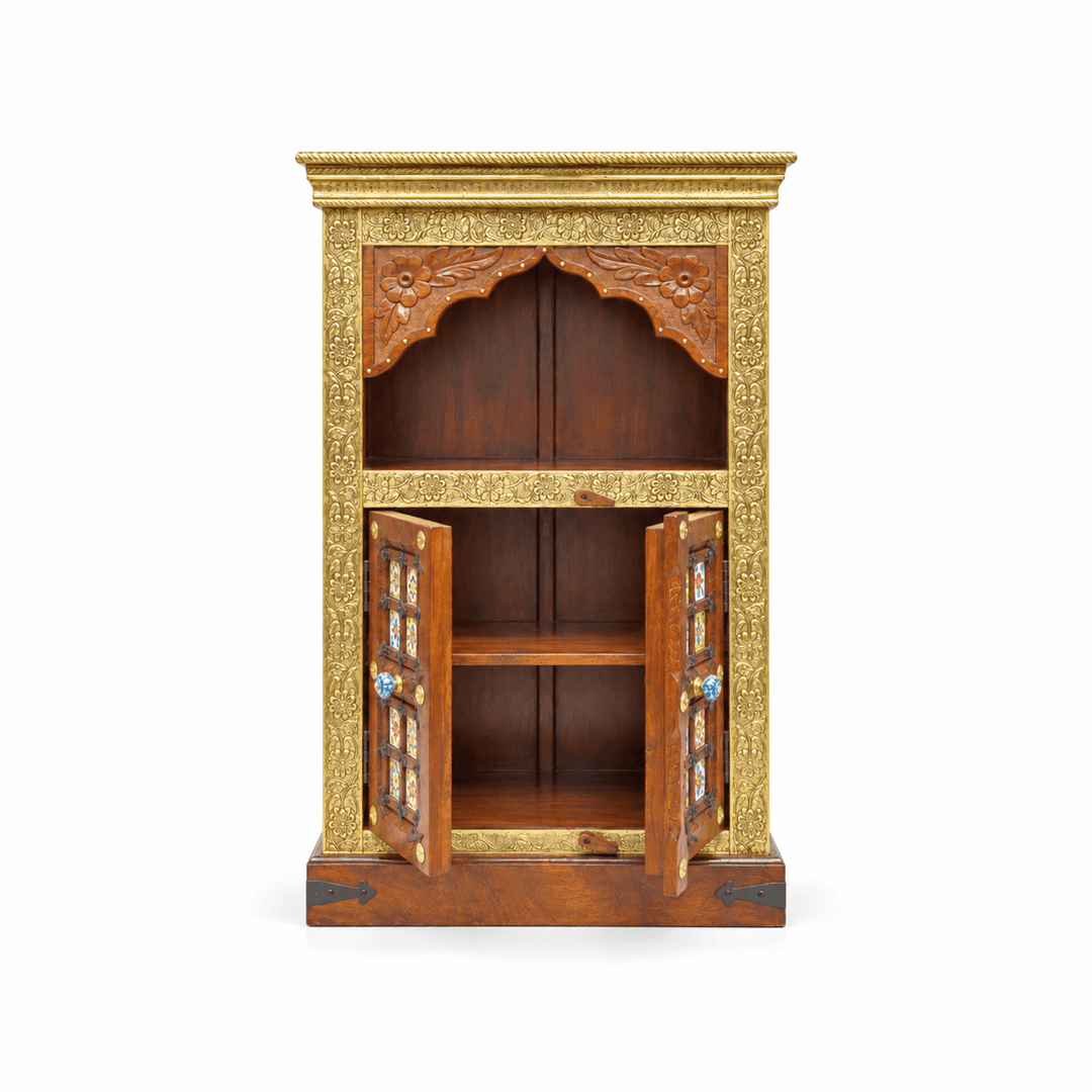 Indian Rosewood Pooja Mandapam with Brass and Tile Work