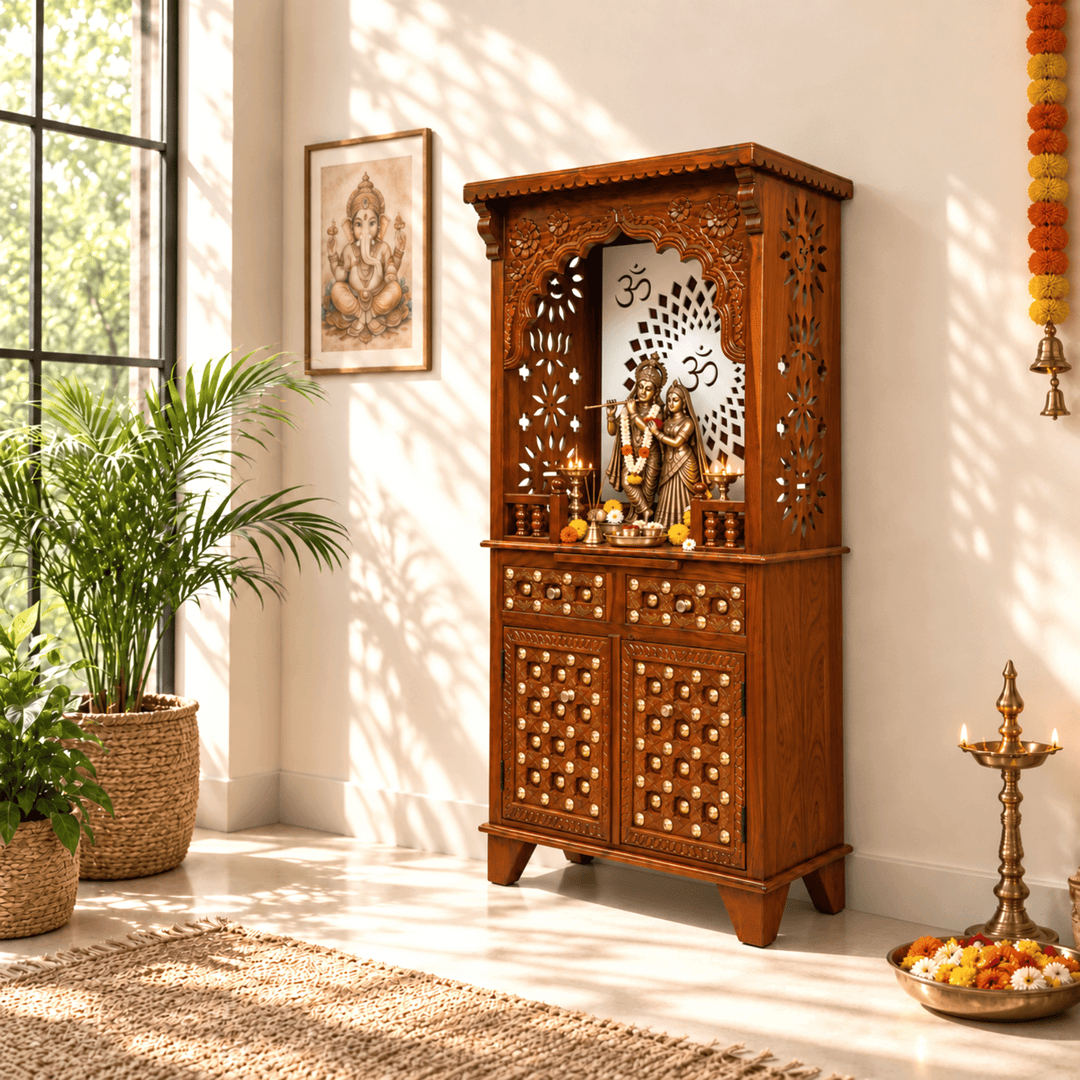 South Indian Classic Mango Wood Home Mandir with Brass Inlay Work