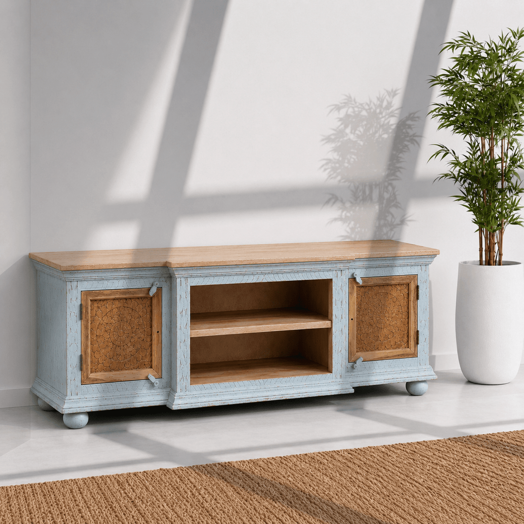 The Bohemia Hand Carved Mango Wood TV Unit | Rustic Blue UAE | Dubai