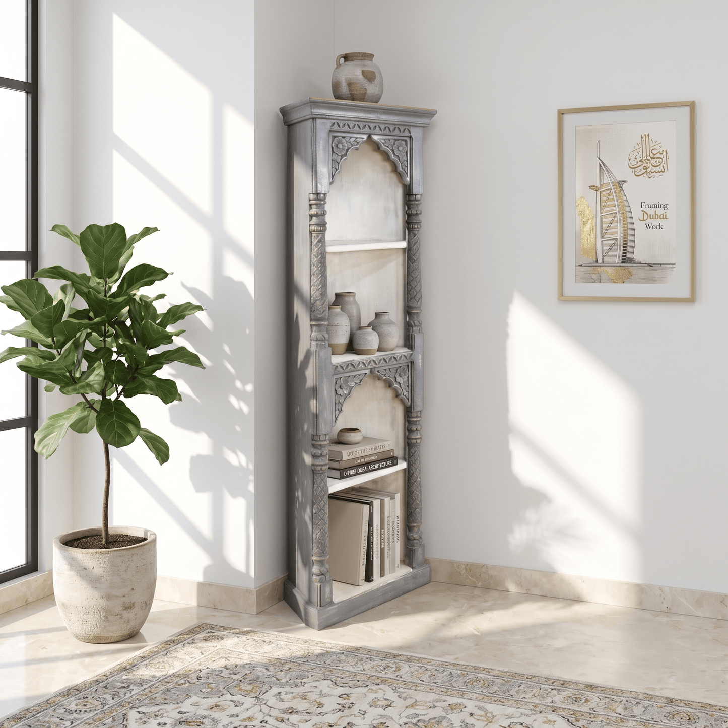 Premium solid wood furniture, Traditional Indian woodworking, Navy blue statement furniture Long-lasting wooden bookcase with grey rustic finish UAE, Space-saving vertical design bookcase, Slim vertical structure display shelf Fujairah, Living room display shelf with grey rustic finish, 
