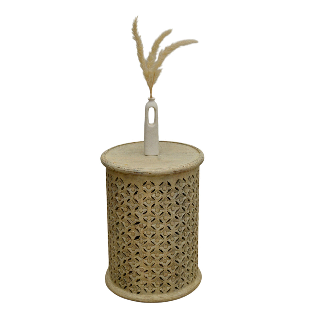 Carved Side Table White Finish – Handcrafted Accent Table