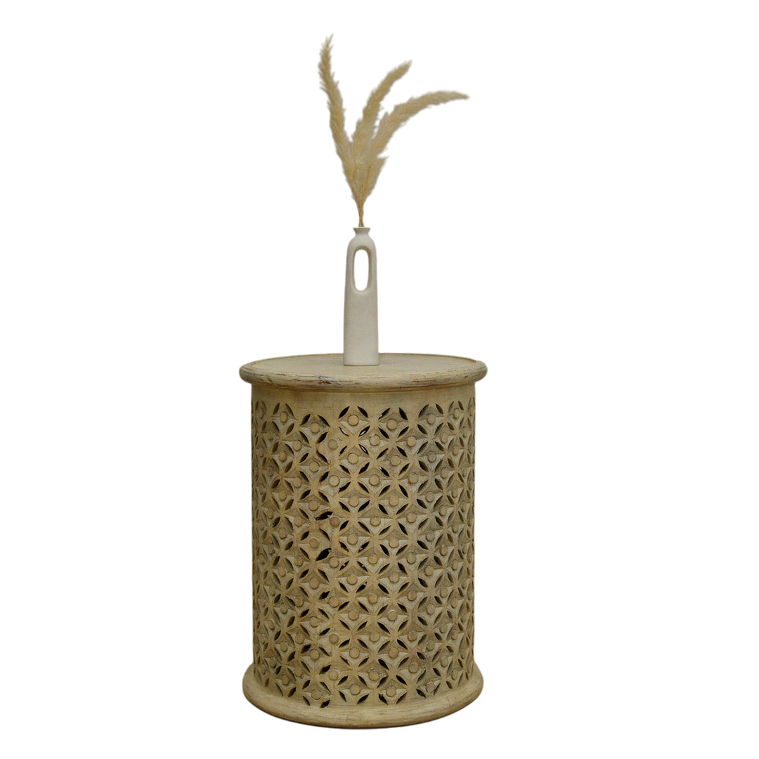 Carved Side Table White Finish – Handcrafted Accent Table
