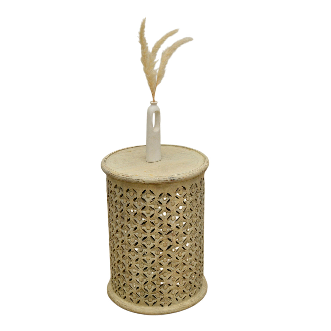 Carved Side Table White Finish – Handcrafted Accent Table