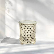 Carved Side Table White Finish – Handcrafted Accent Table